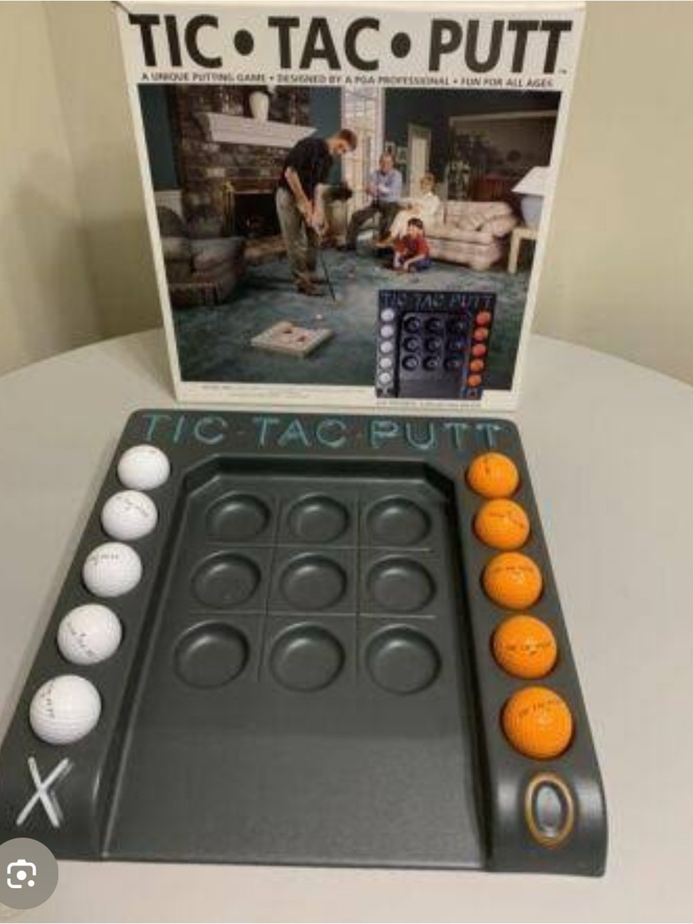 Tic Tac Putt Golf- theme indoor family game - Gray with White & Orange Balls